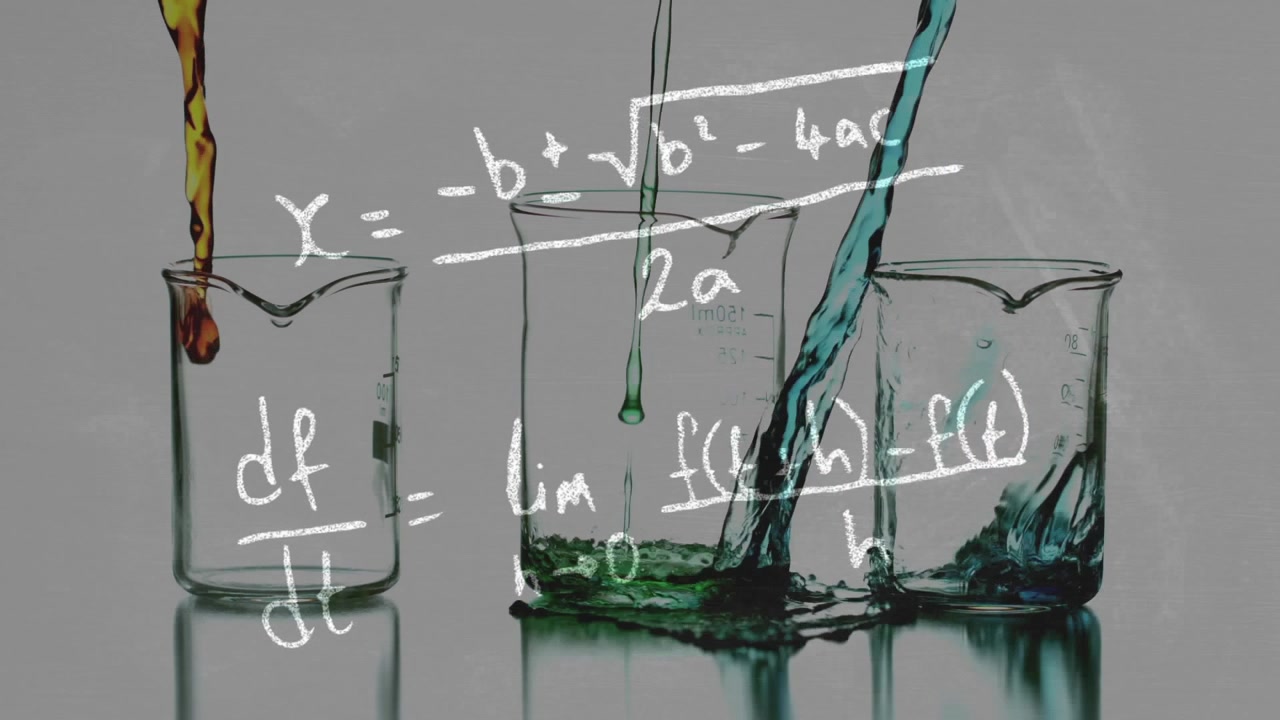 Video verticale: Ugello che gocciola che rilascia gocce colorate in 3 becher graduati su un tavolo lucido, matematica