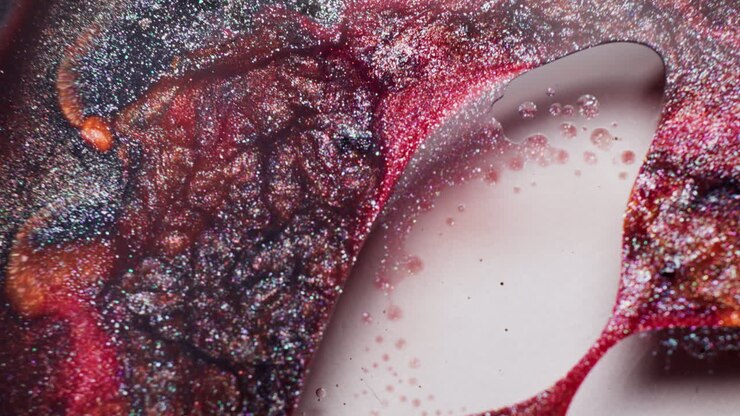 Macro shot of glittery red, gold and black ink in motion. Shimmering pigments shift and swirl with subtle vibration