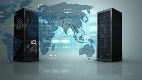 Animación-De-Procesamiento-De-Datos-Y-Mapa-Mundial-Sobre-Servidores.