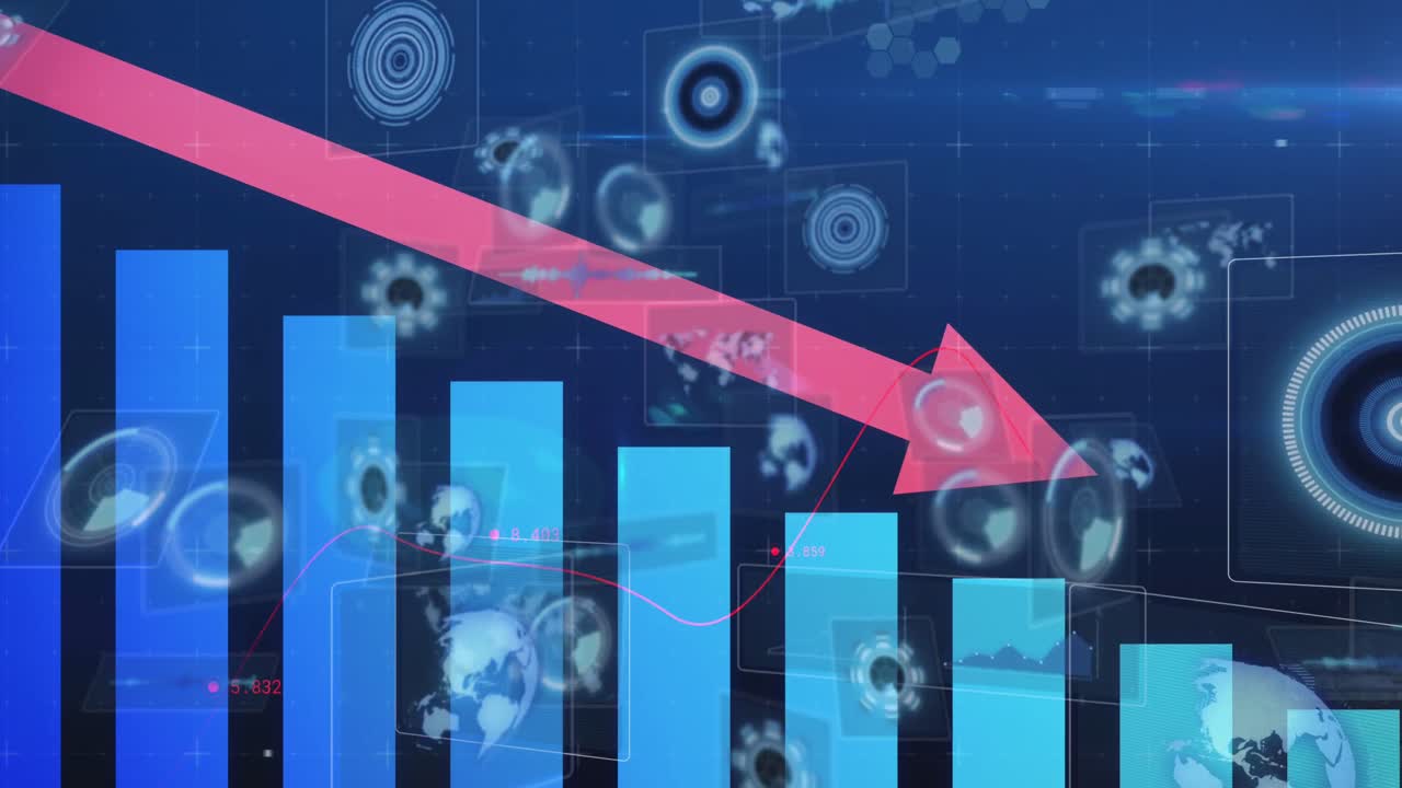 animación de la flecha roja, gráfico con procesamiento de datos y escaneo de alcance sobre fondo azul