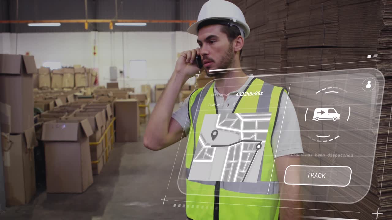 animación de una interfaz digital con procesamiento de datos sobre un trabajador caucásico que toma un teléfono inteligente