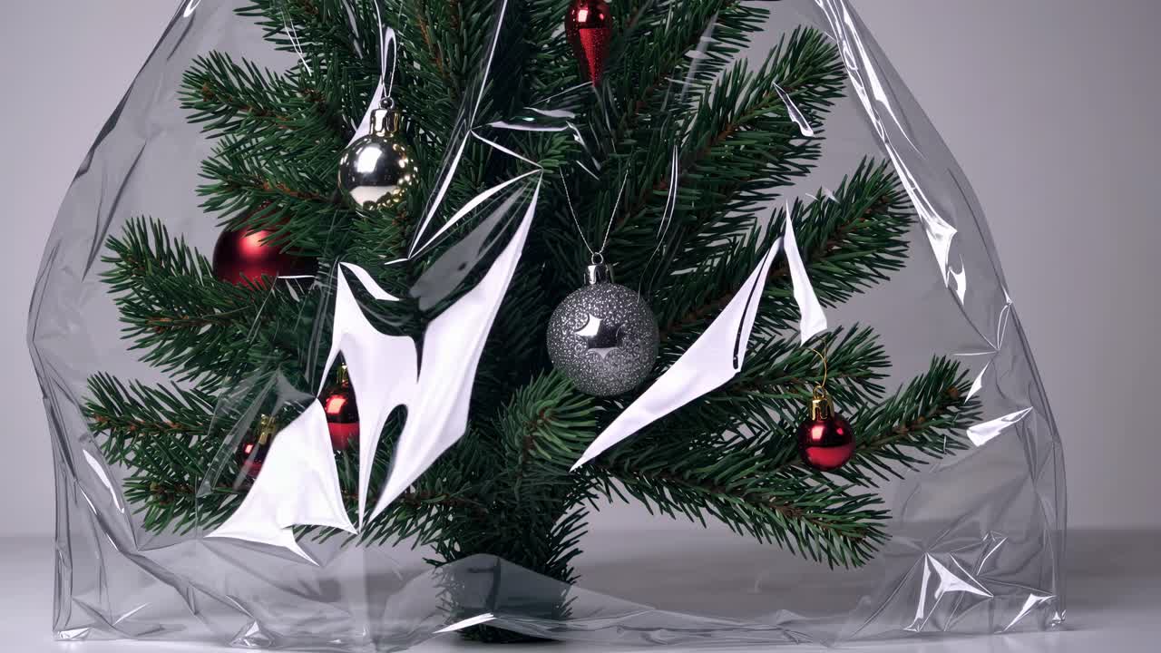 Small decorated Christmas tree wrapped in transparent plastic film, ready to be shipped or stored, representing consumerism, winter holidays, environmental issues and overpackaging