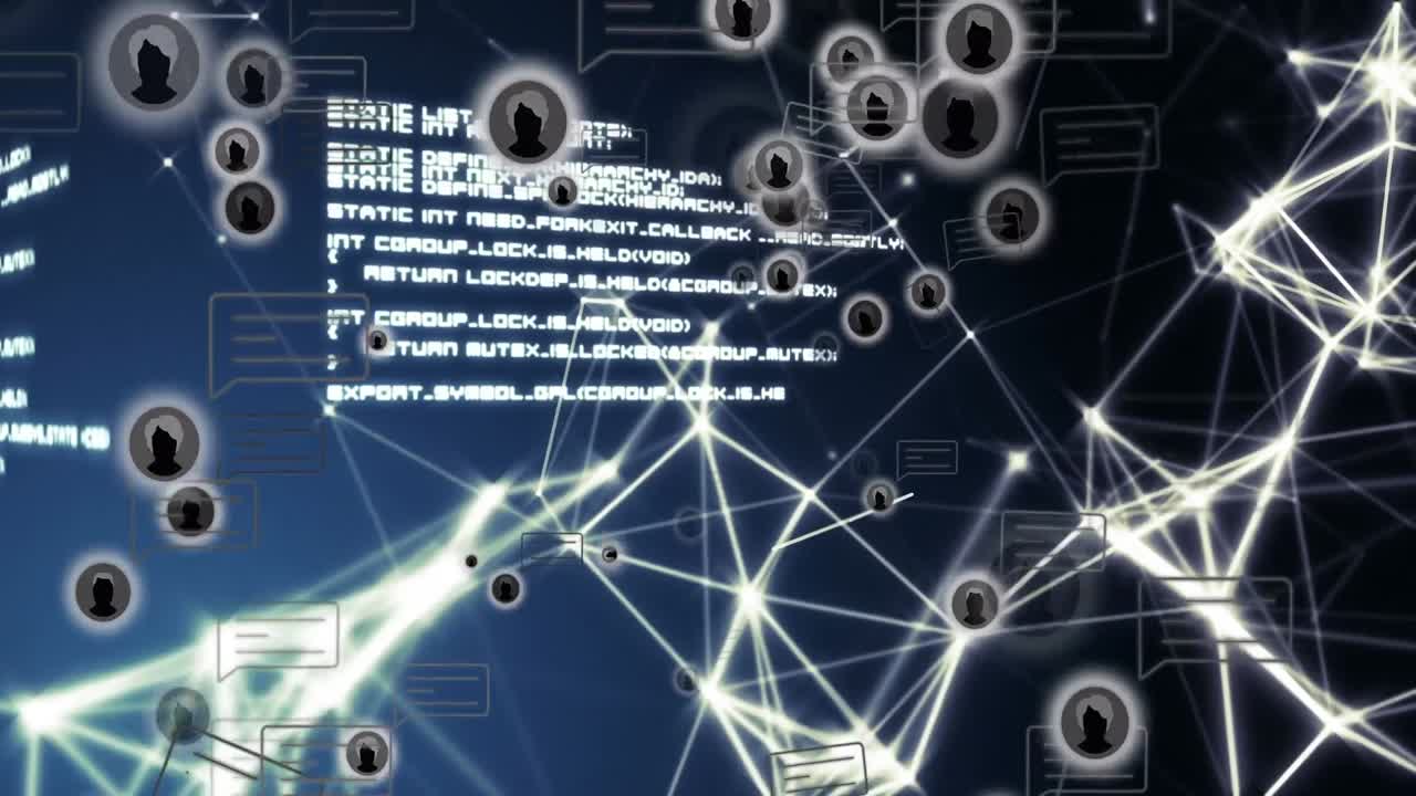 데이터 처리와 함께 파란색 배경 위에 떠있는 사용자 아이콘의 애니메이션