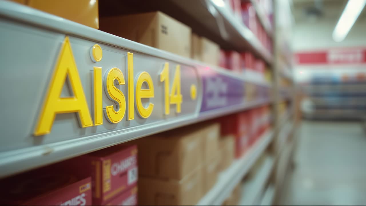 Moving camera focusing on grey shelf label reading uppercase Aisle 14 in grocery aisle, copy space