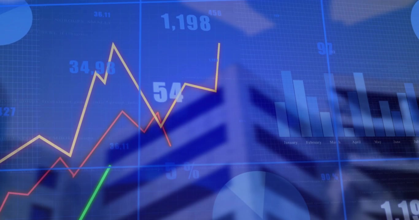 Gráficos y tablas de datos financieros animados sobre un edificio corporativo.