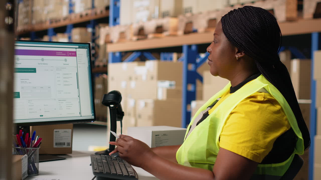 African american employee updating the order logistics software