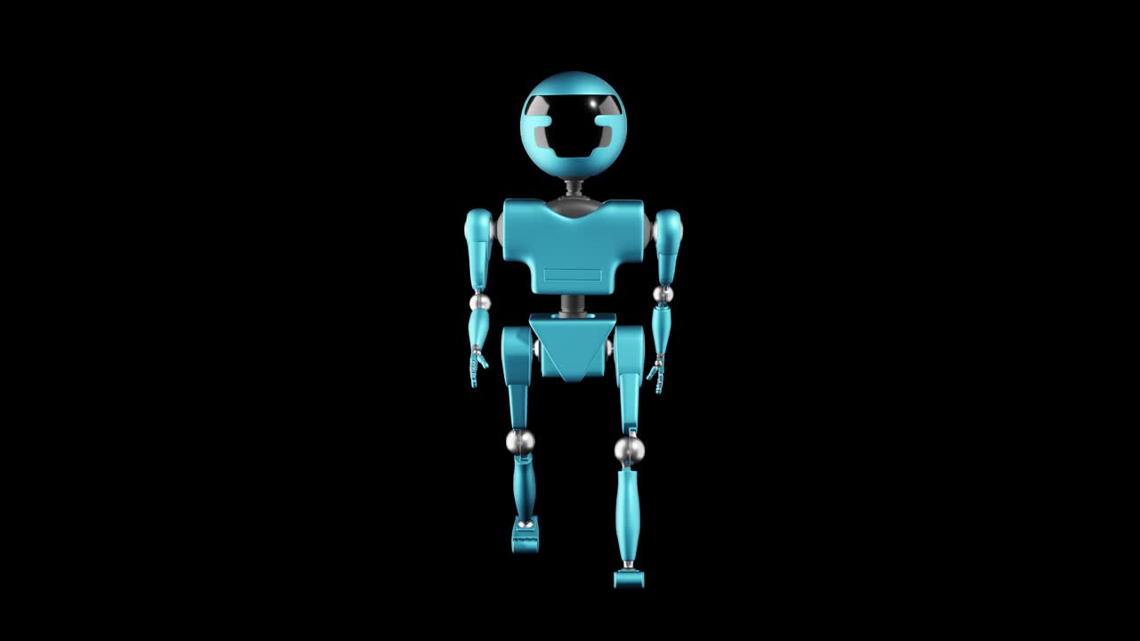 Humanoid robot walking on black background.