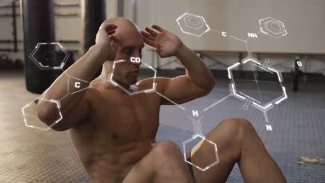 animation of molecule structures over bald boxer doing crunches in training room