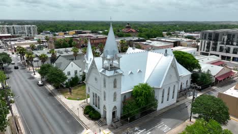 Aerial-establishing-shot-of-Christian-church-building-and-steeple-in-southern-USA