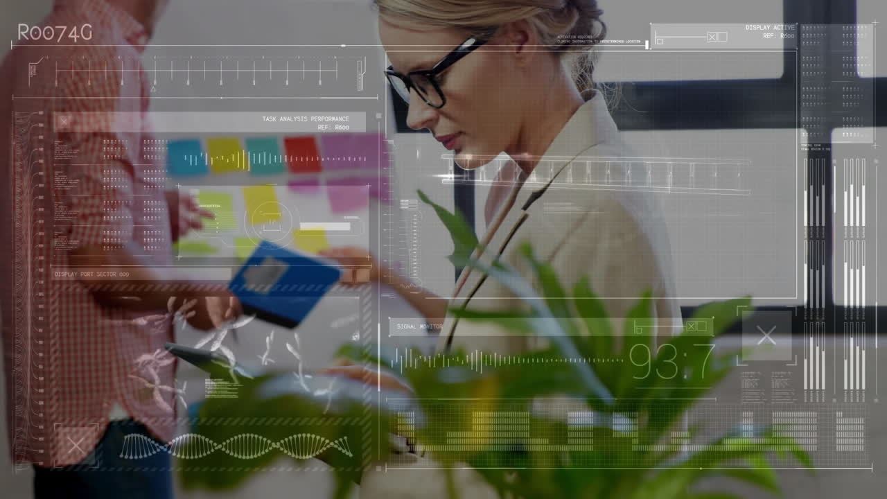 análisis de datos y lectura de documentos, mujer de negocios con gafas, animación de interfaz digital