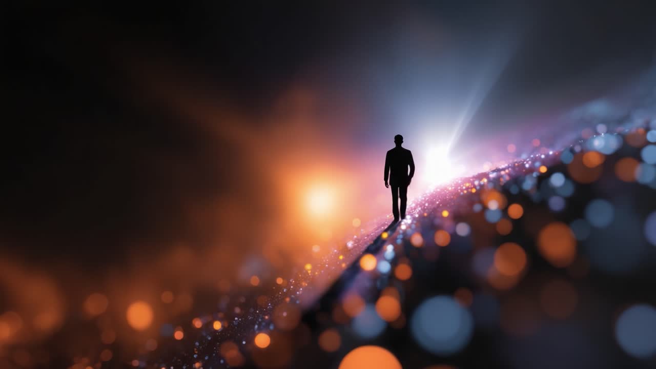 A solitary figure stands against a surreal backdrop of vibrant glowing lights, creating a striking contrast between darkness and illumination, exploring themes of solitude