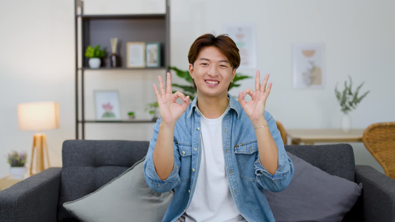 쾌활한 젊은 아시아 남성이 소파에 앉아 미소를 지으며 더블 OK 제스처를 하고 있어요.