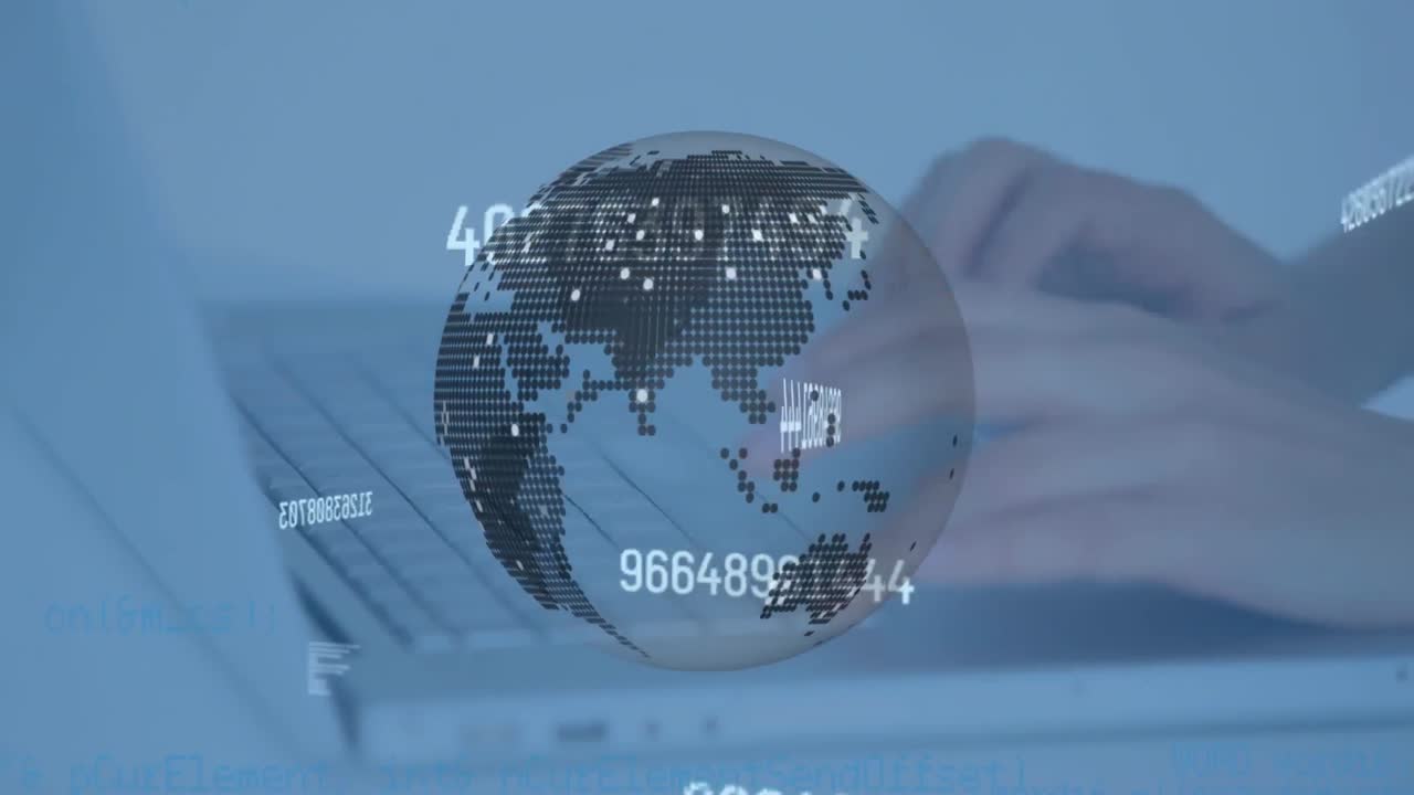 animación de números cambiantes y globo con red de conexiones a través de computadora portátil