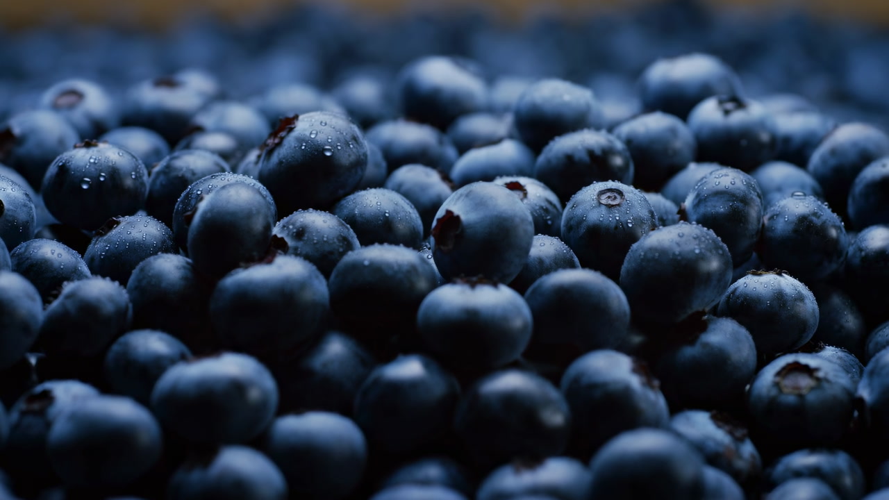 Close Up Blueberries Piled In Deep Blue Tones, Moody Lowkey Lighting, Tight Macro Focus Revealing Texture