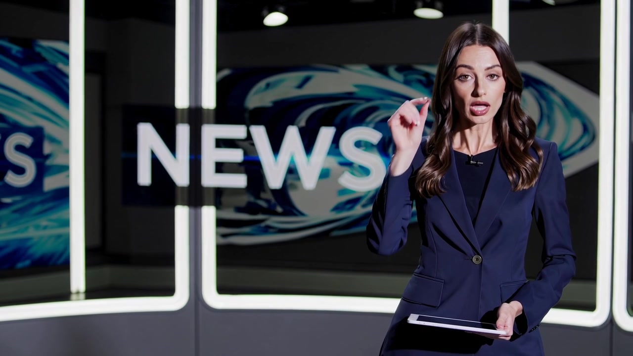 Presentadora de noticias presentando en un moderno estudio de televisión con una tableta