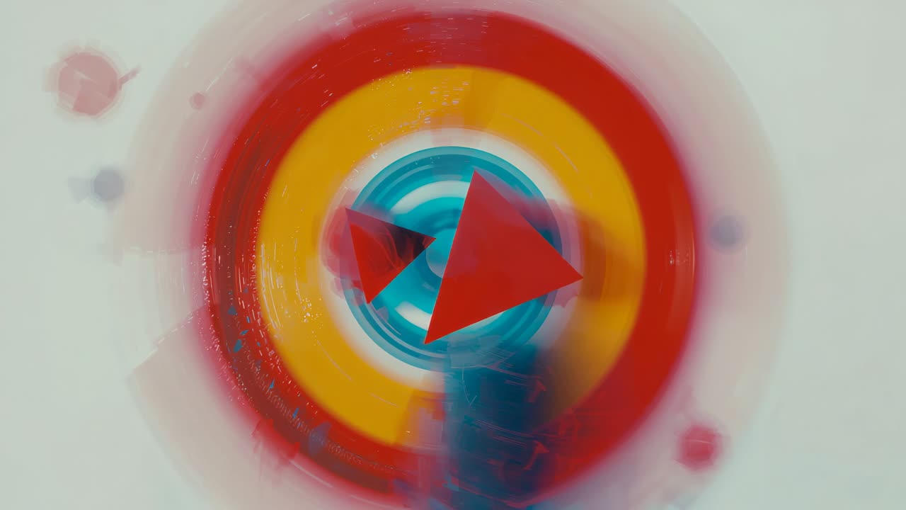 Showing rings around teal disc with pulsing red triangles appearing, orbiting on splatter backdrop