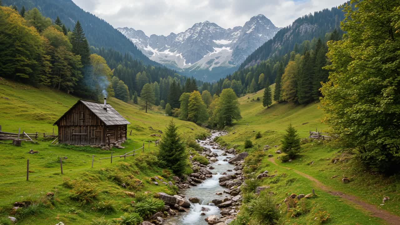 Sereno paesaggio montano con una baita rustica vicino a un ruscello limpido, circondato da una vegetazione lussureggiante e imponenti vette sullo sfondo