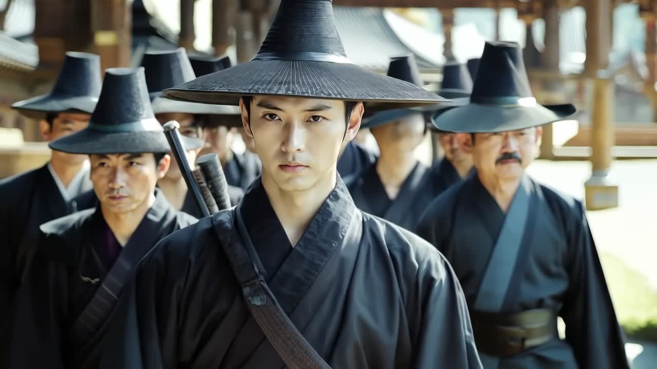 검은 모자를 입은 남자가 한 무리의 앞에 서 있다.