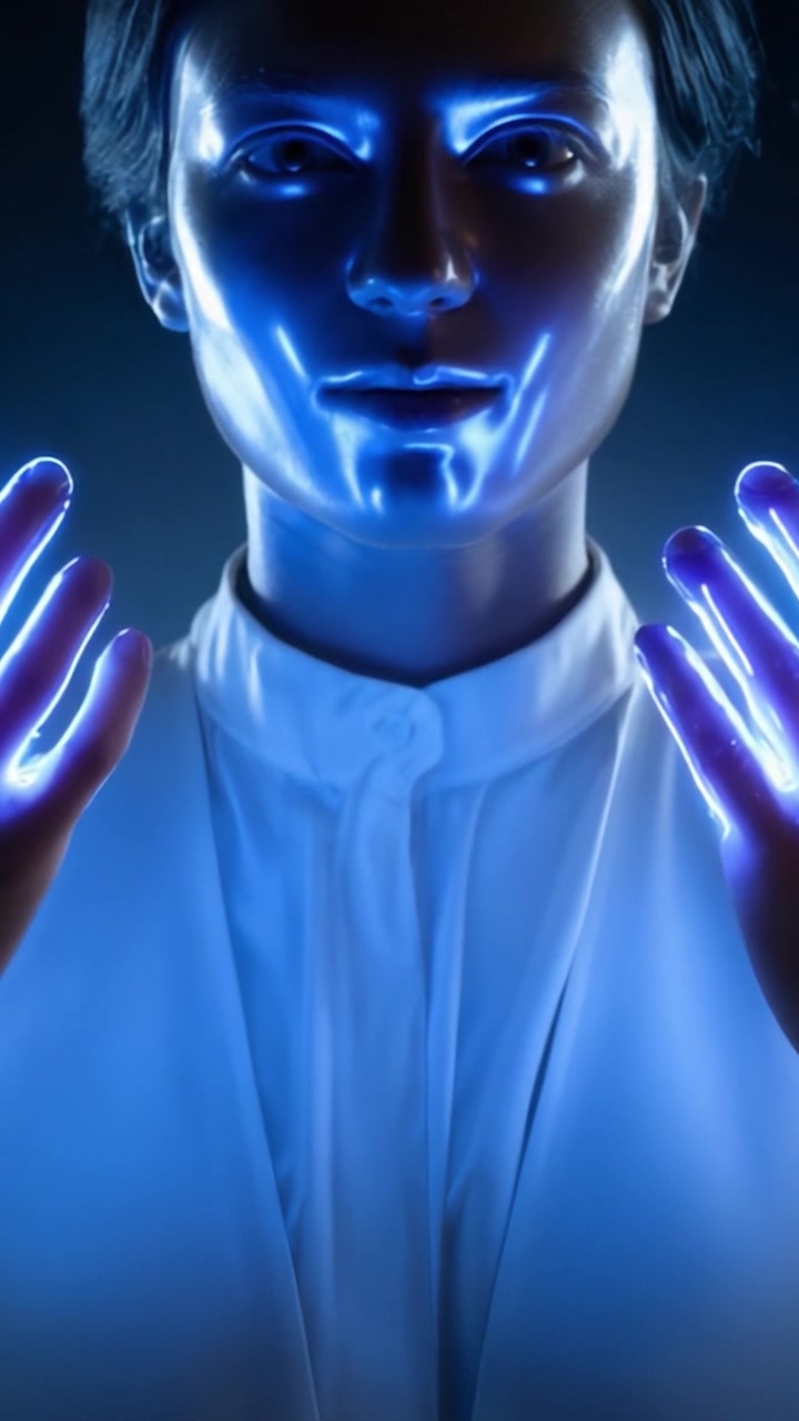 Una scena accattivante con una figura umanoide dalle mani blu luminose, che incarna un'essenza futuristica che fonde tecnologia e arte in modo affascinante.