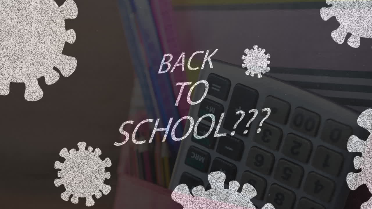 Back to school text and Covid-19 cell icons against calculator