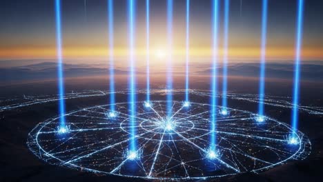 a stunning visualization of light beams arising from a geometric pattern at sunrise, illuminating the surrounding landscape with a futuristic glow