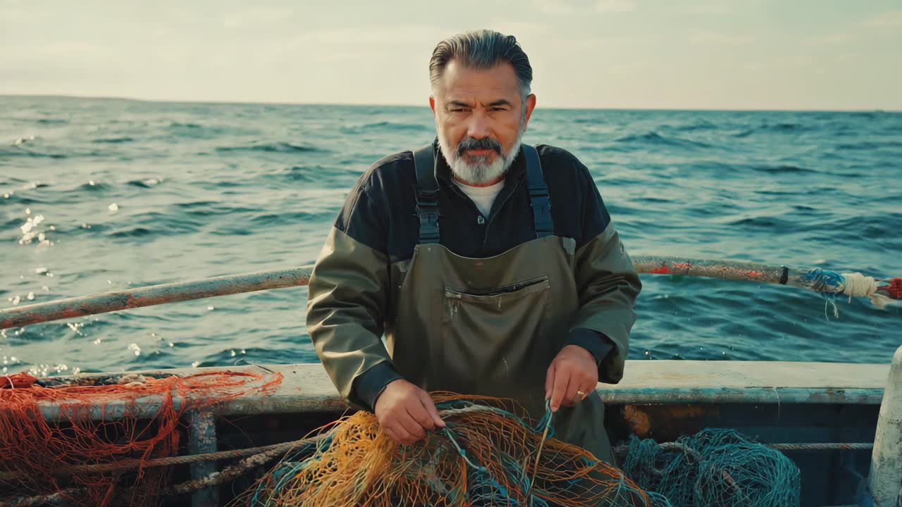 Fisherman fixing fishing net on a boat at sea