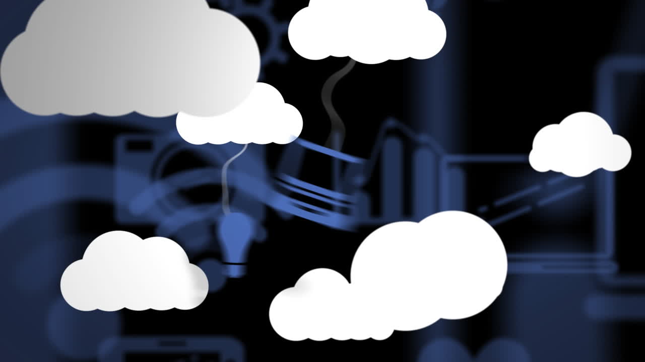 Animation of wifi and online icons and digital clouds with electronic devices on blue background