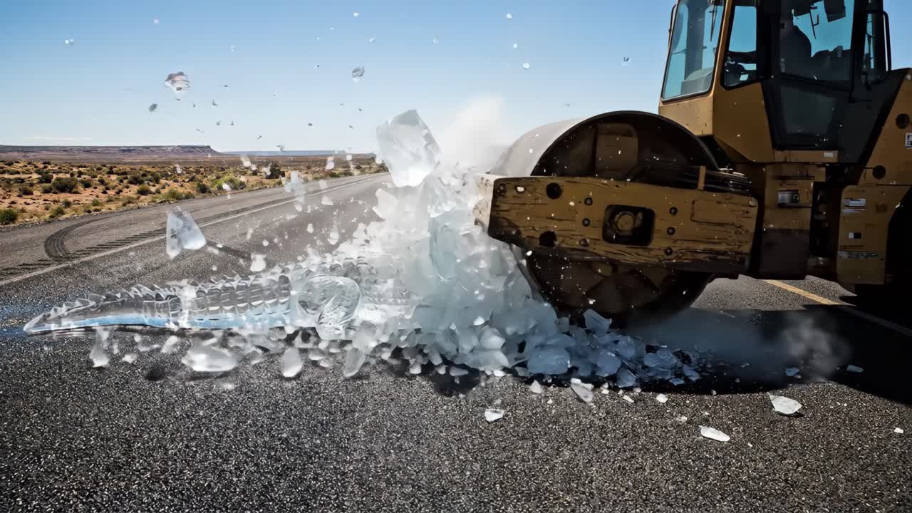 Ice Alligator Sculpture Crushed by Road Roller on Desert Road