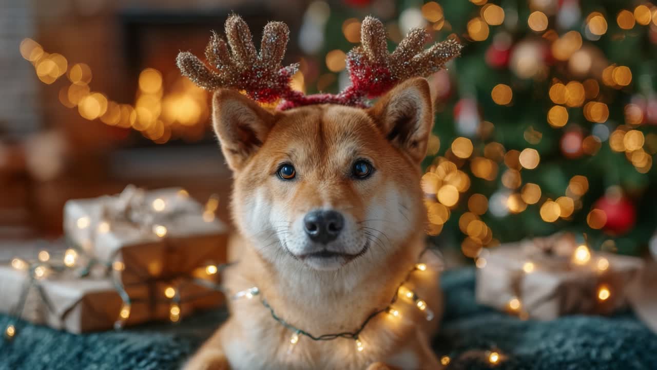 A Holiday Celebration with a Festively Dressed Dog: A Shiba Inu Wearing Antlers Surrounded by Gifts and Twinkling Lights, Embracing the Cheerful Spirit of Christmas