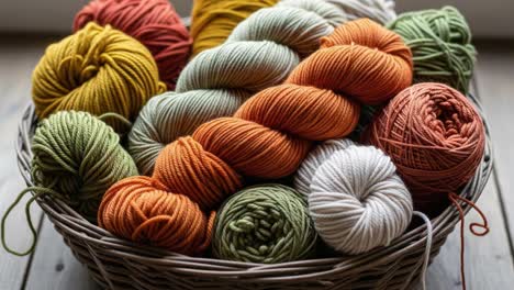 a beautiful collection of colorful yarn: vibrant hues of green, orange, white, and more perfect for knitting and crochet projects at home
