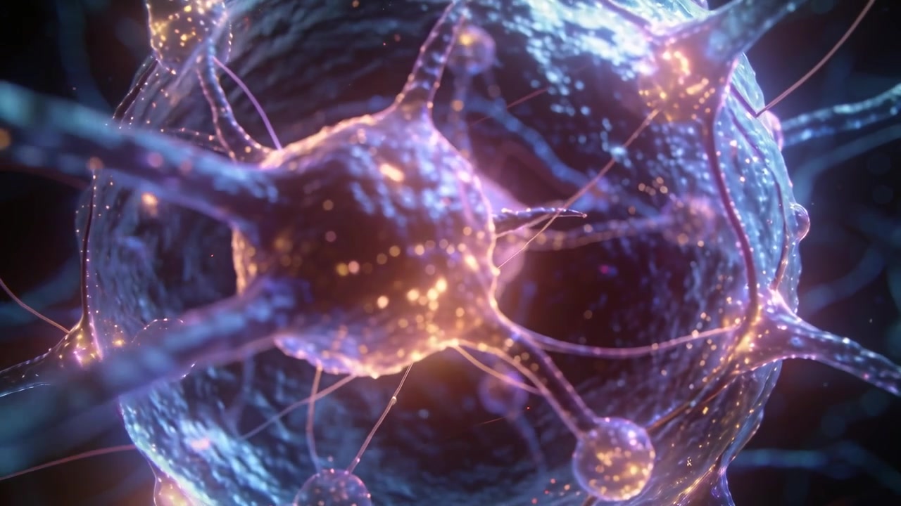 Camera zooming showing neuron sending pulses along fibers to nodes in 3D network for signaling