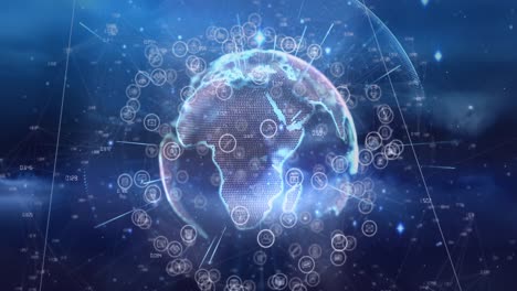 animation of globe with network of connections with icons over blue globe