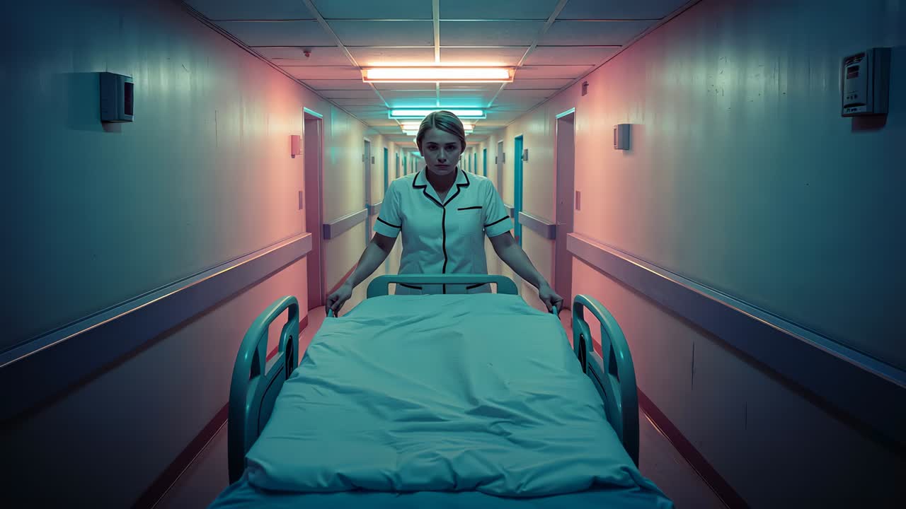 Walking uniformed nurse grasping rails and pushing empty gurney down long ward hall, neon wash