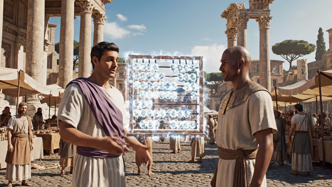 Men with Abacus in Ancient Setting