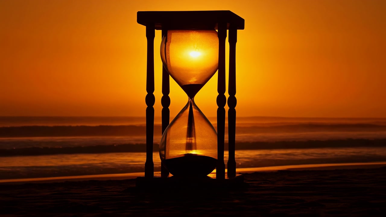 Una clessidra di legno centrata si trova sulla sabbia della spiaggia al tramonto, il sole dietro la sfera superiore crea un alone luminoso mentre la sabbia scorre attraverso il collo stretto sopra un mare calmo e caldi riflessi ambrati, con la clessidra in primo piano.