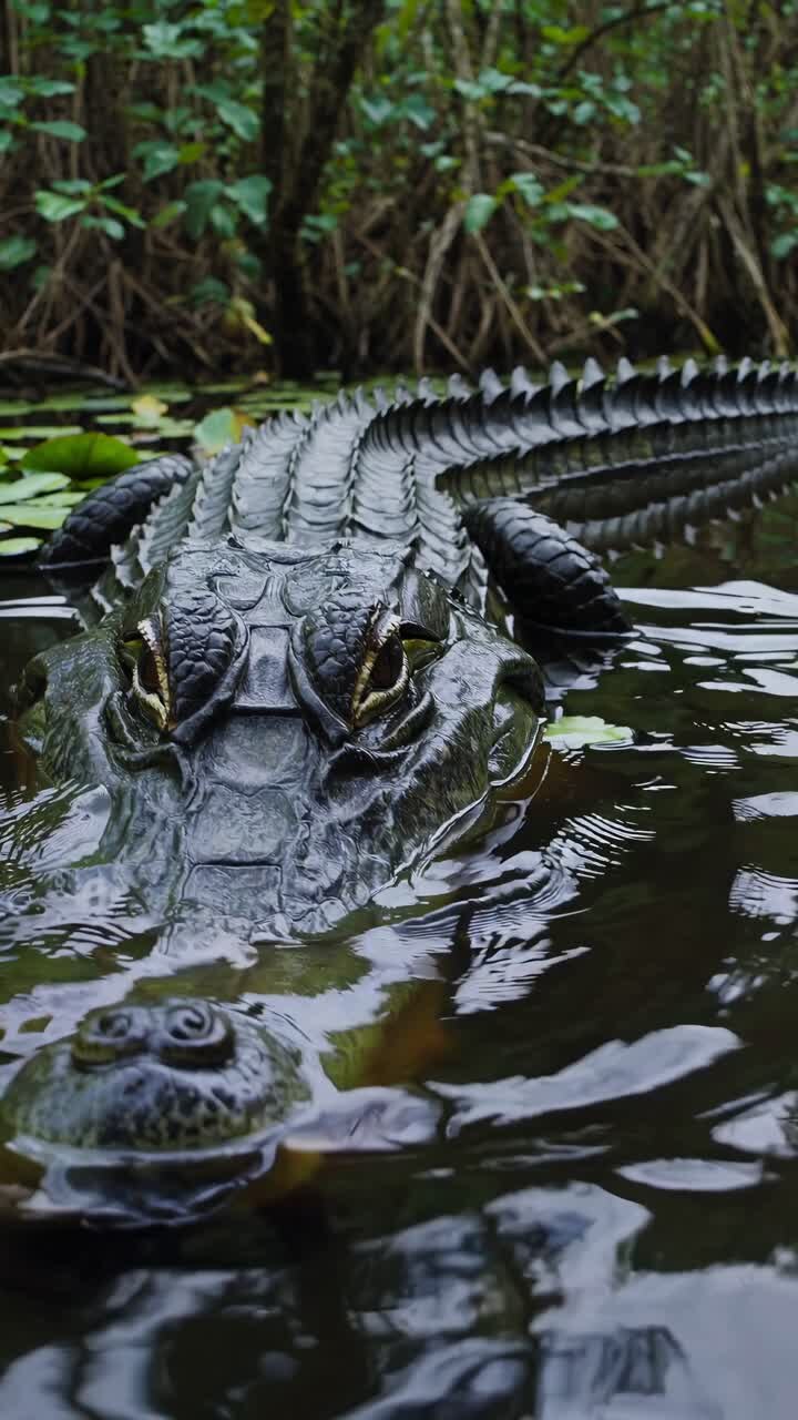 A low-angle shot of an alligator partially submerged in water with lily pads, creating a suspenseful