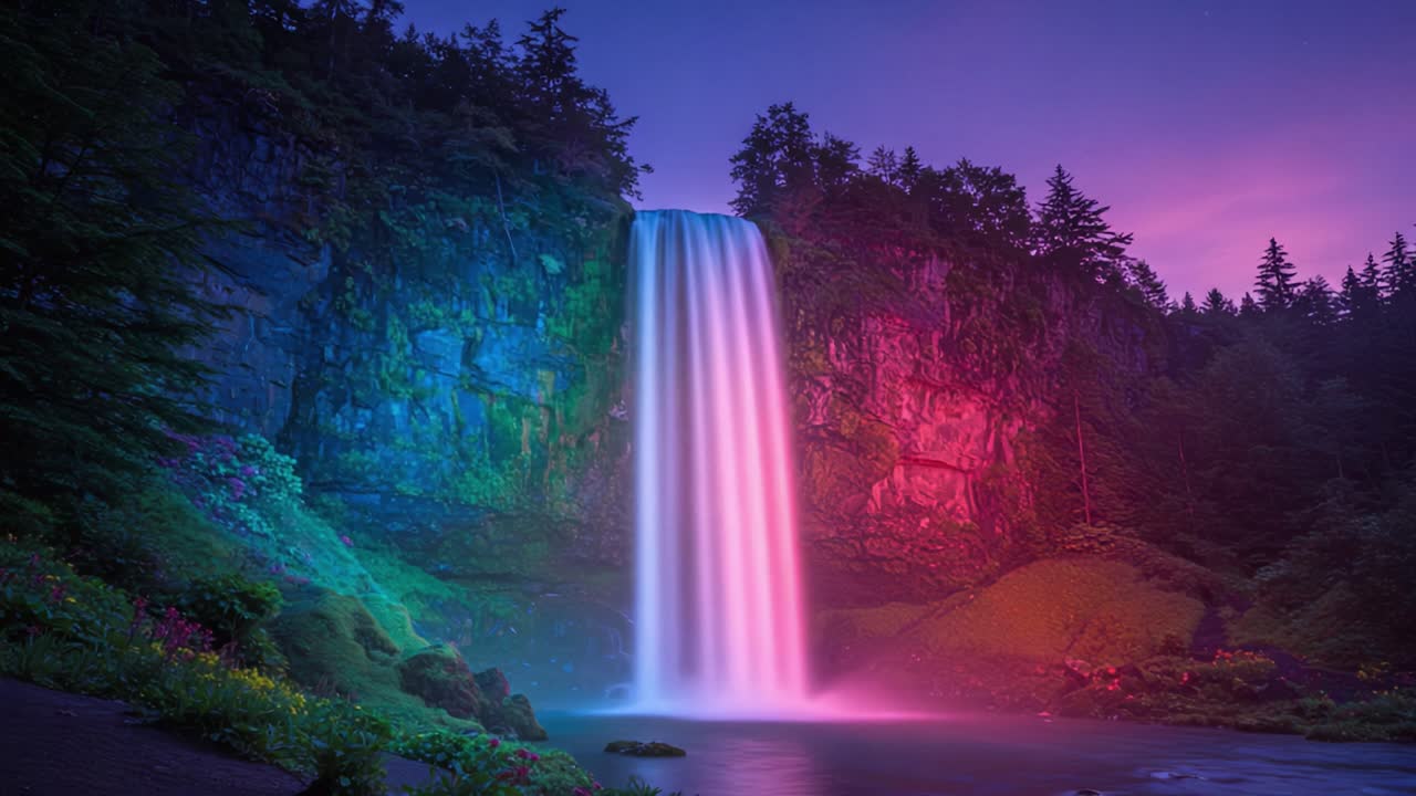 A Spectacular Display of Nature's Beauty: A Vibrantly Illuminated Waterfall Cascading Down a Lush Forested Landscape Under a Starry Night Sky