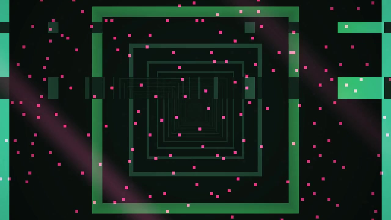 Abstract Digital Tunnel with Glowing Green Squares and Pink Particles