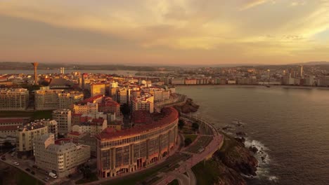 La-coruna-Galizia-region-north-of-Spain,-aerial-view-at-sunset-of-the-cityscape-coastline