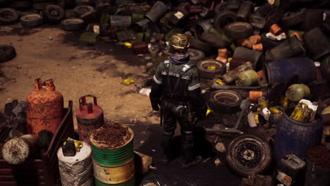 worker assessing hazardous materials in a cluttered recycling area