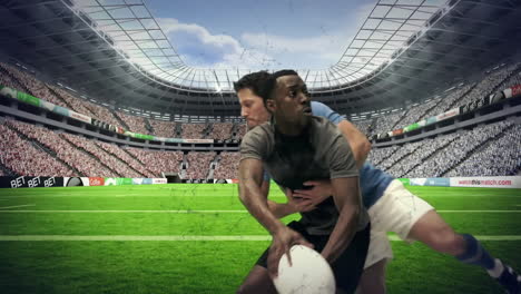 competing in packed stadium, rugby players playing intensely during match