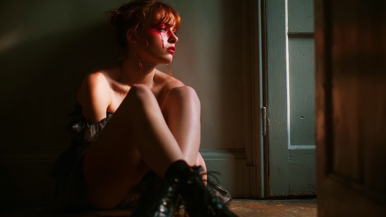 A striking portrayal of vulnerability and strength, capturing a moment of solitude and introspection enhanced by dramatic lighting and intense makeup, evoking deep emotions and storytelling