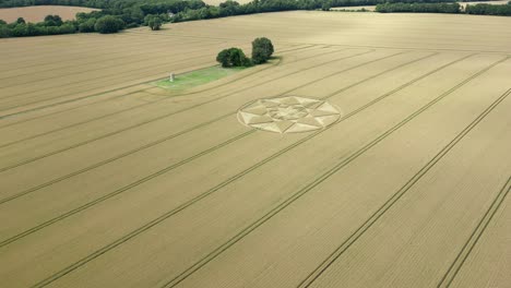 Aerial-view-orbiting-golden-wheat-farmland-Micheldever-2023-star-shaped-crop-circle-pattern-in-Hampshire