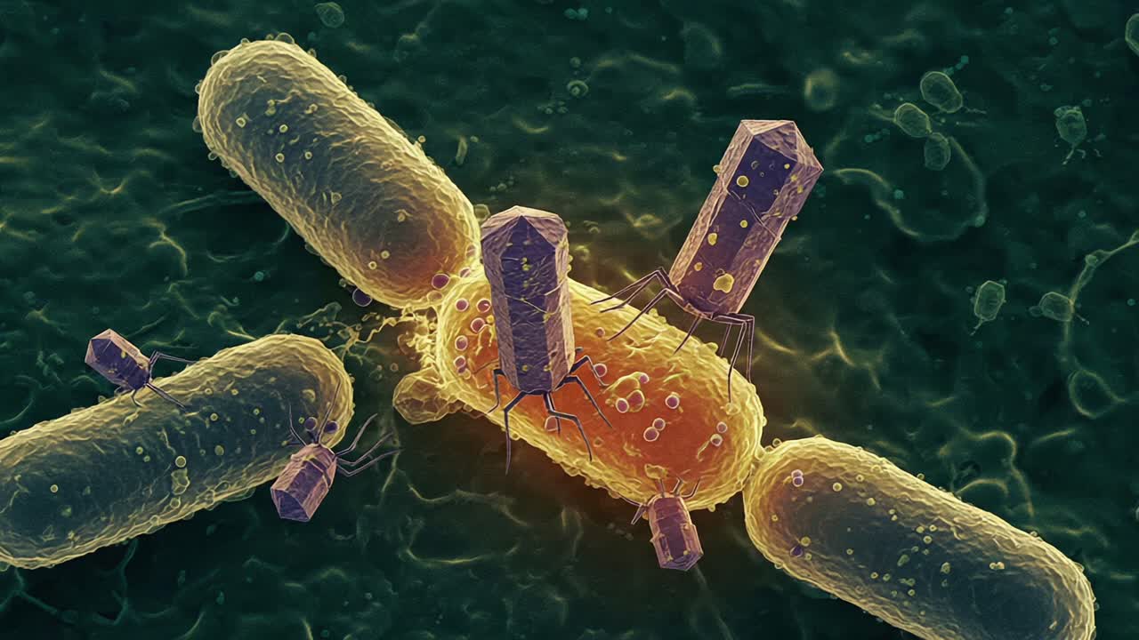 Microscopic Encounter: A Detailed Visualization of Bacteriophages Interacting with Bacterial Cells in a Vibrant Underwater Ecosystem