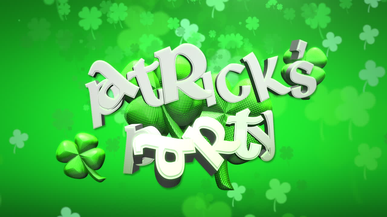 Animation closeup Patricks Party text and motion small green shamrocks on Saint Patrick Day shiny background