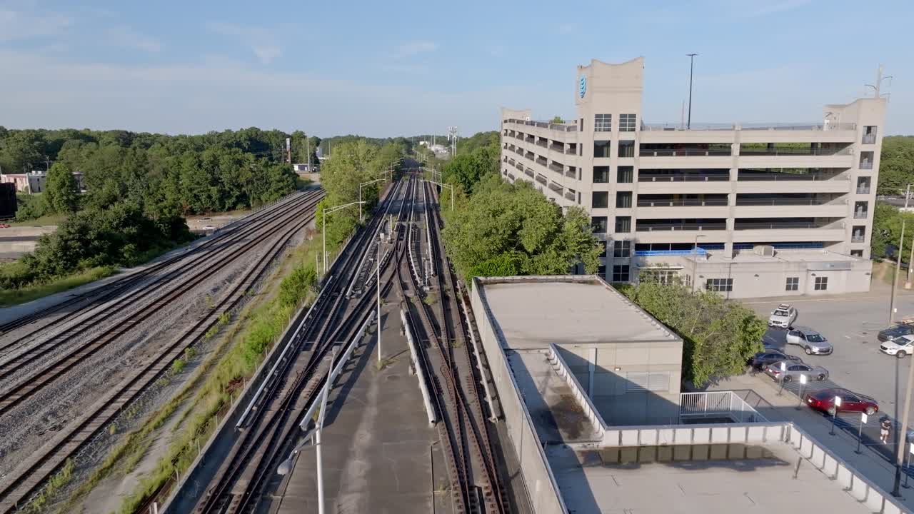 Aerial of an empty railway track with no railway, The perimeter interstate highway 285, Atlanta, Georgia