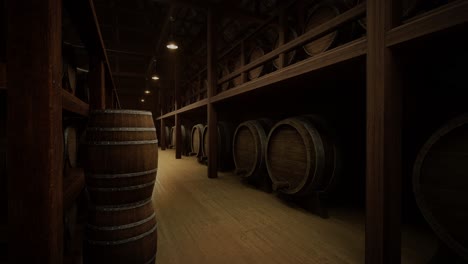 almacenamiento de barriles de vino en la bóveda de vinos. barriles de coñac, vino o whisky. barrilles de vino de roble de madera. almacén de alcohol