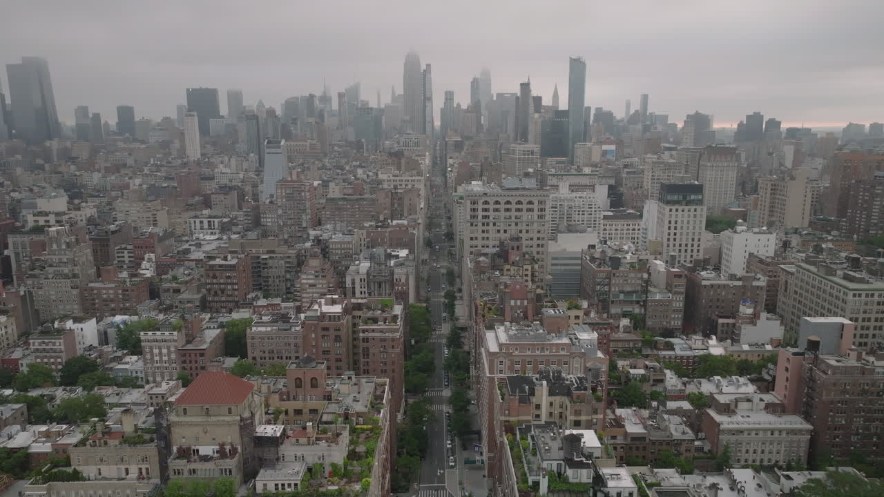 Aerial view of Midtown Manhattan on an overcast morning. Shot in New York City