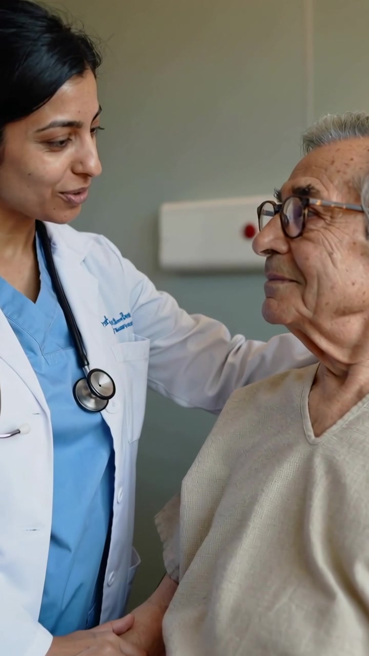 Video vertical: Doctor con uniforme médico sosteniendo la muñeca del paciente y comprobando el pulso en el registro de entrada en la clínica