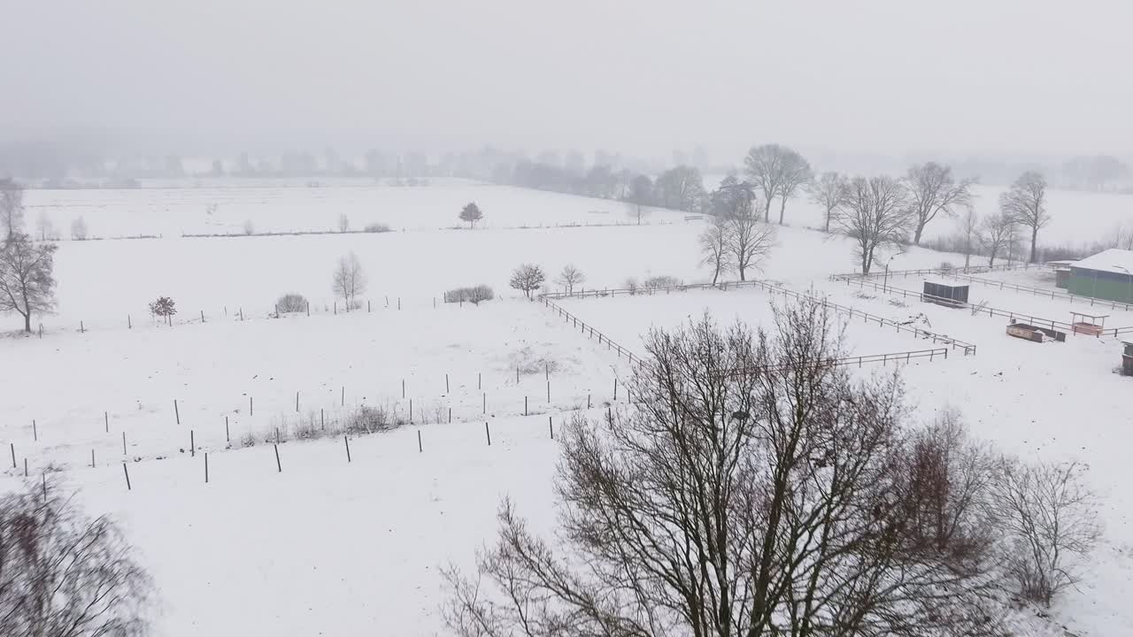 vista aérea de una granja nevada con caballos en el norte de alemania